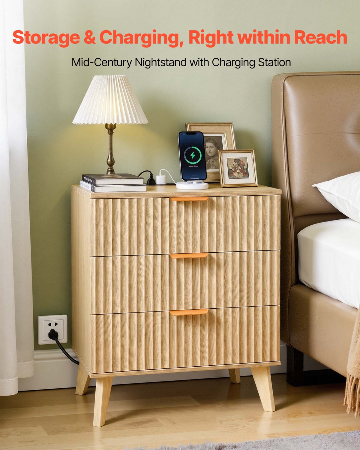 VEVOR Fluted Nightstands with Charging Station, Set of 2, Dresser for Bedroom with 3 Drawers, Mid Century Modern End Table, Bedside Cabinet Side Table Chest of Dresser, for Bedroom, Living Room, Khaki