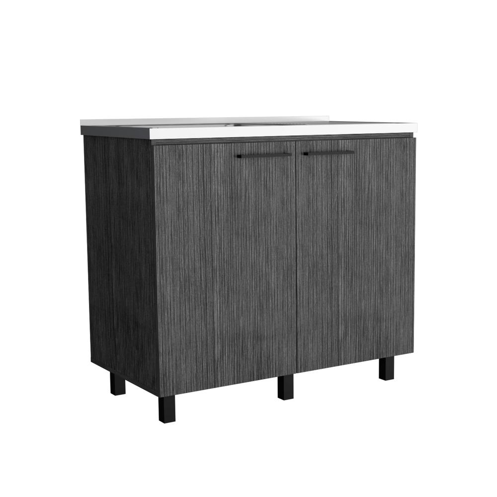 Utility Base Cabinet Stainless Steel Countertop and 2-Door, Smokey Oak -Kitchen