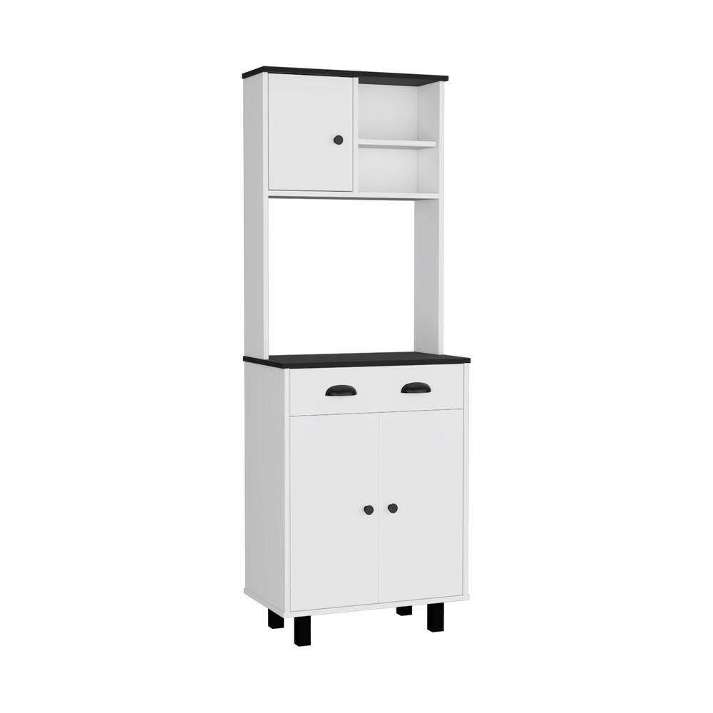 67" H Kitchen Pantry with Two Cabinets, Two Open Shelves, and One Drawer