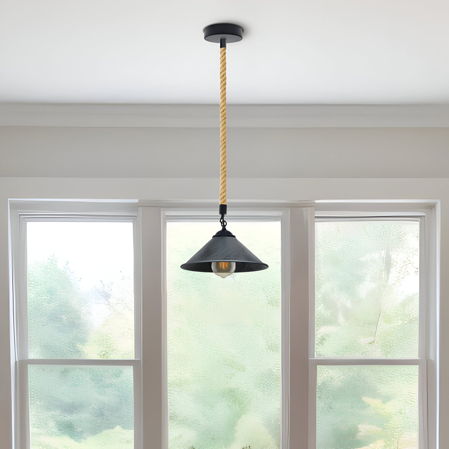 Hemp Rope Pendant Light with Brushed Silver Finish – Rustic Decorative Ceiling Lamp for Warm Interiors