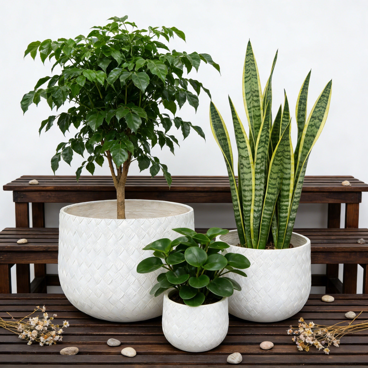 Assorted Sizes Magnesium Oxide Round Planter,21.65''+14.17''+8.66'' Dia Set of 3 Planter,Outdoor Indoor Plant Pot with Drainage Hole, White Color with Weaving Pattern Planter