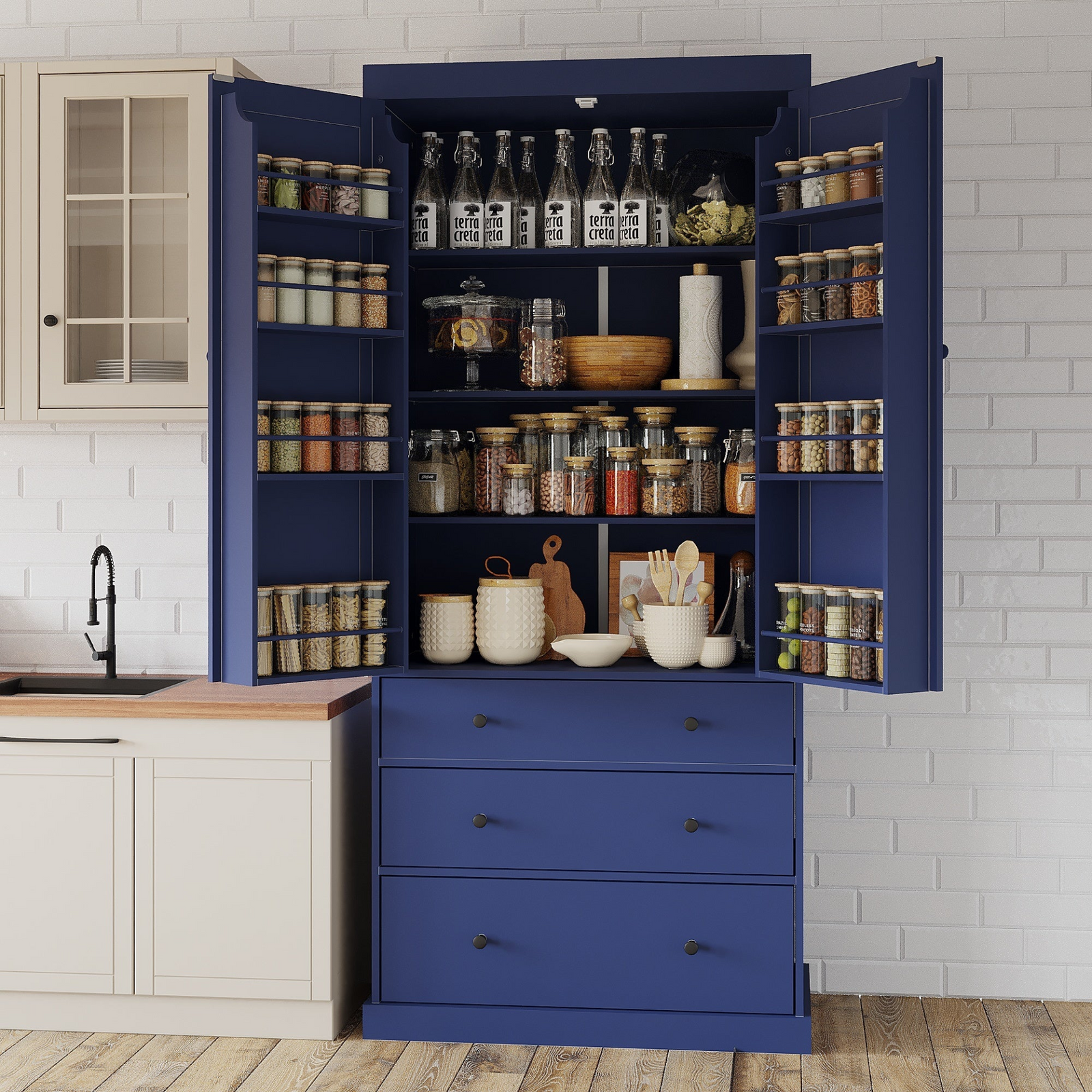 77inch Farmhouse Kitchen Pantry, Freestanding Tall Cupboard Storage Cabinet with 3 Adjustable Shelves, 8 Door Shelves, 3