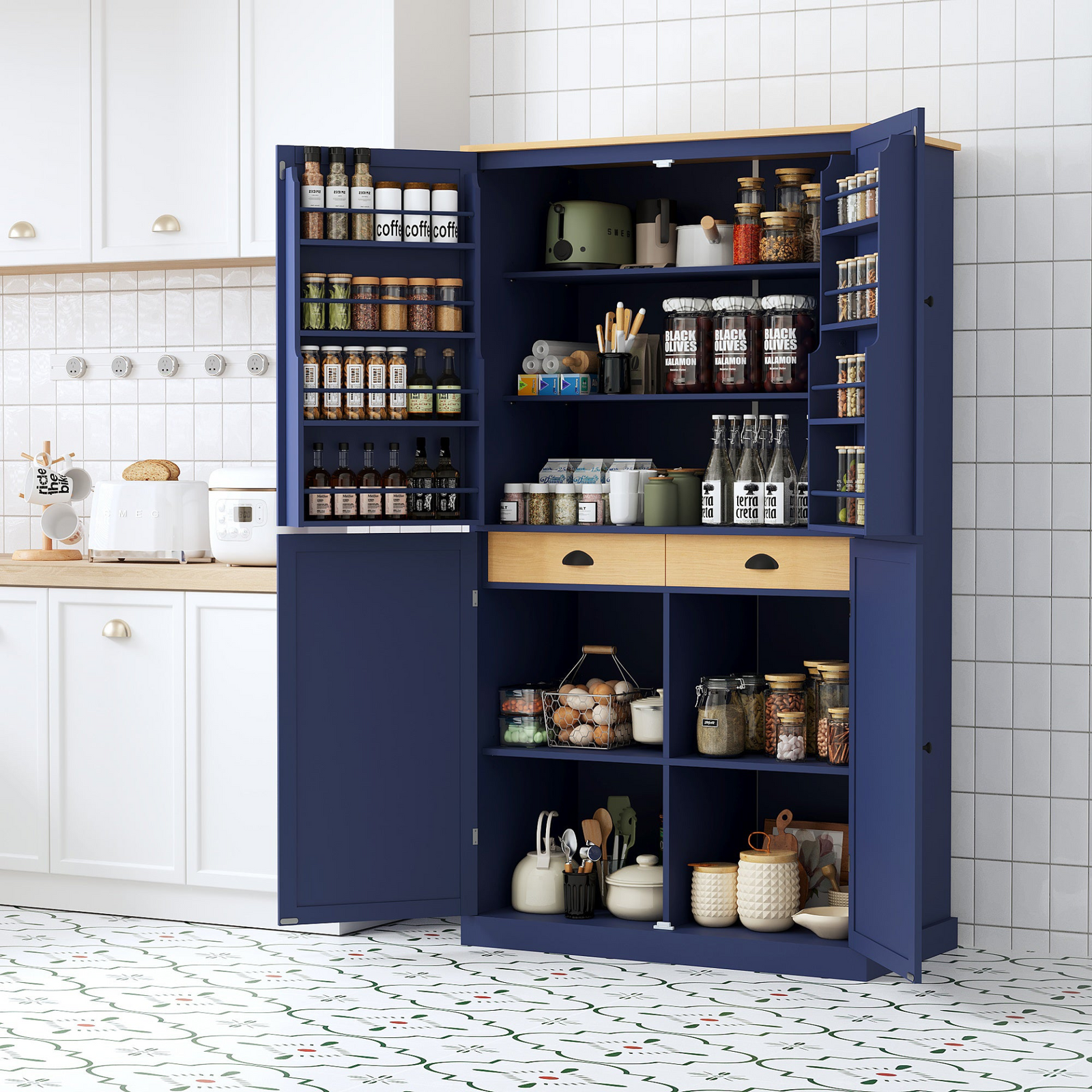 40.2x20x71.3inch High Freestanding Kitchen Pantry Large Cupboard Storage Cabinet with 2 Drawers, 2 Adjustable Shelves, 8