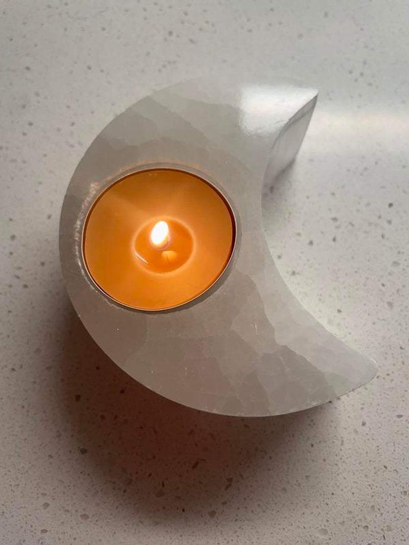Moon Selenite Crystal Candle Holder with 4 Pure Beeswax Tea Lights – Home Decor & Relaxation Set