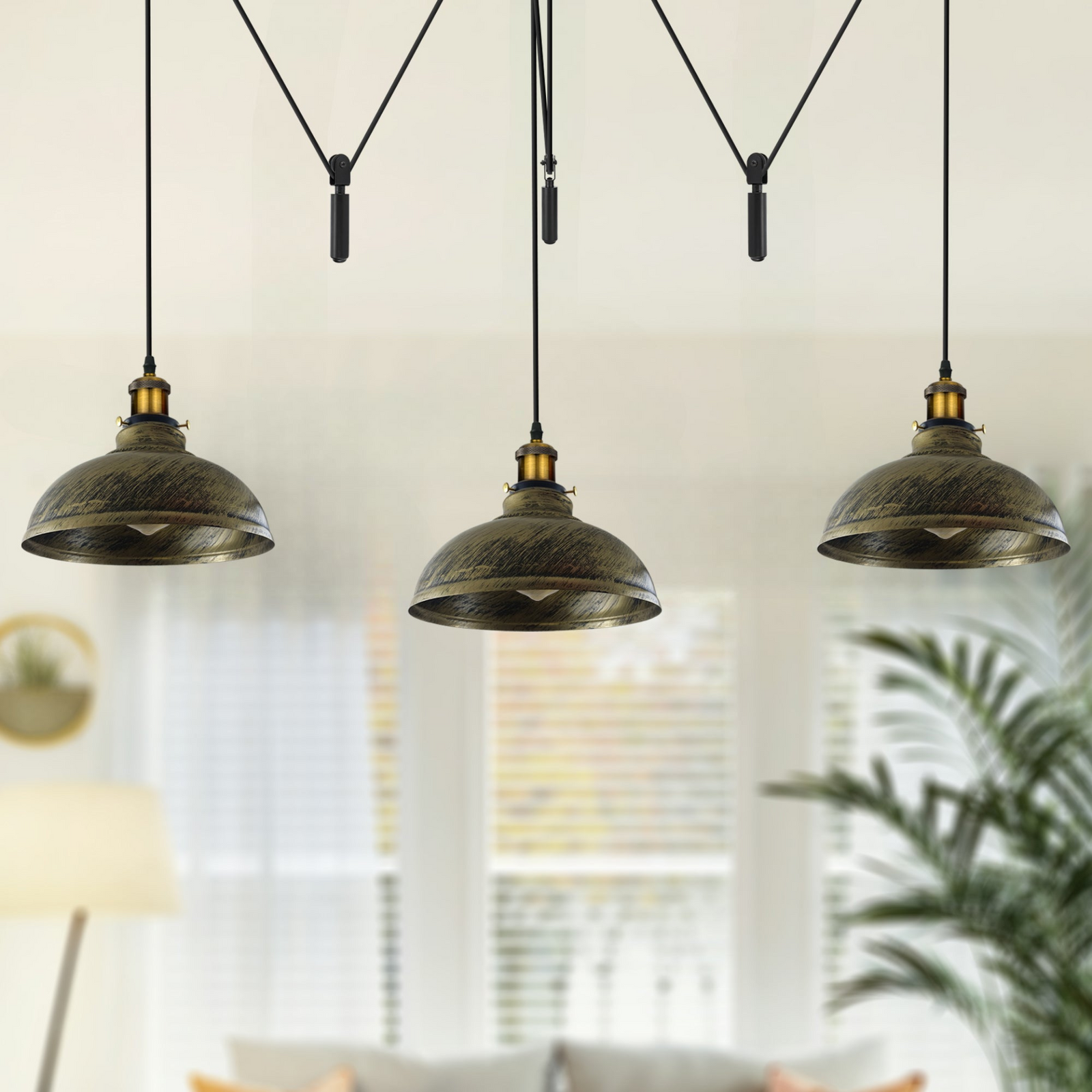 Brushed Brass 3-Light Ceiling Pendant Lamp – Vintage Metal Fixture for Warm Interiors