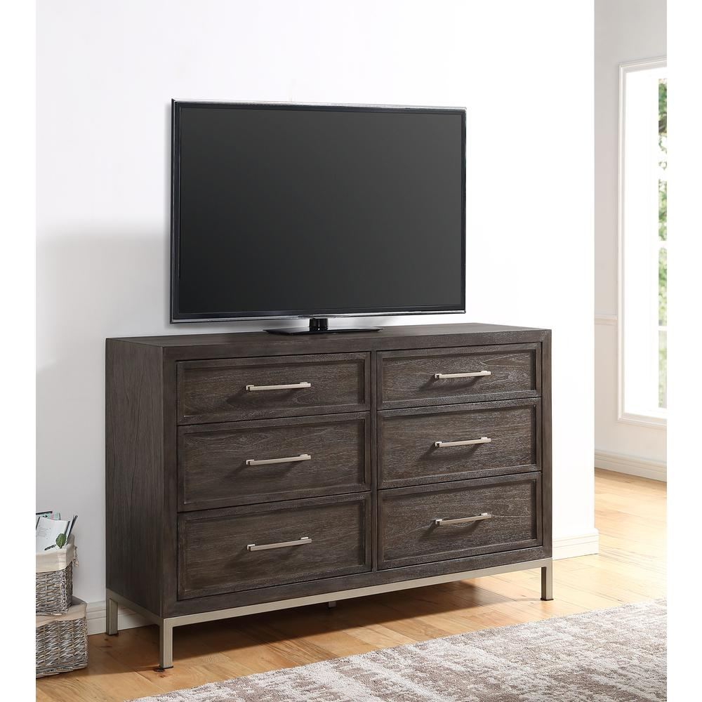 Broomfield Walnut 6-Drawer Dresser with Champagne Metal Base