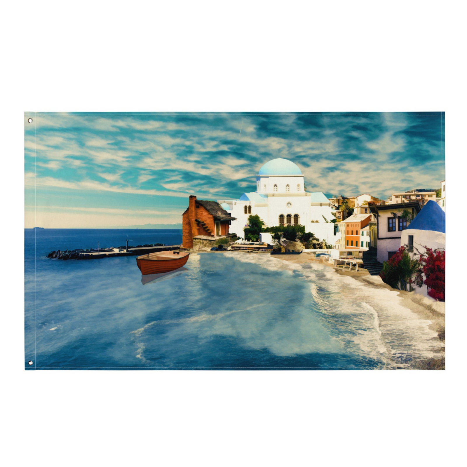 Santorini Beach Wall Tapestry – 100% Polyester Coastal Wall Hanging