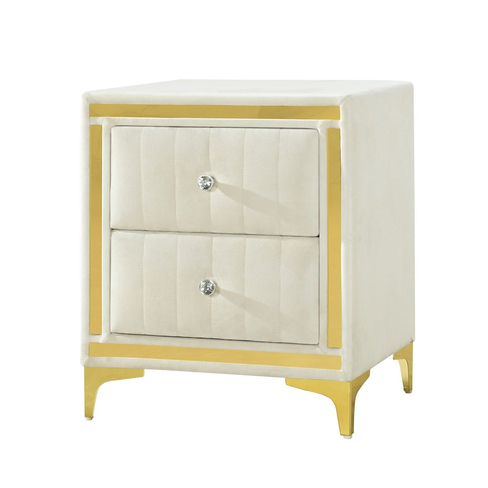 Monique Velvet Nightstand with Gold Legs and Gold Trim, Crystal knobs