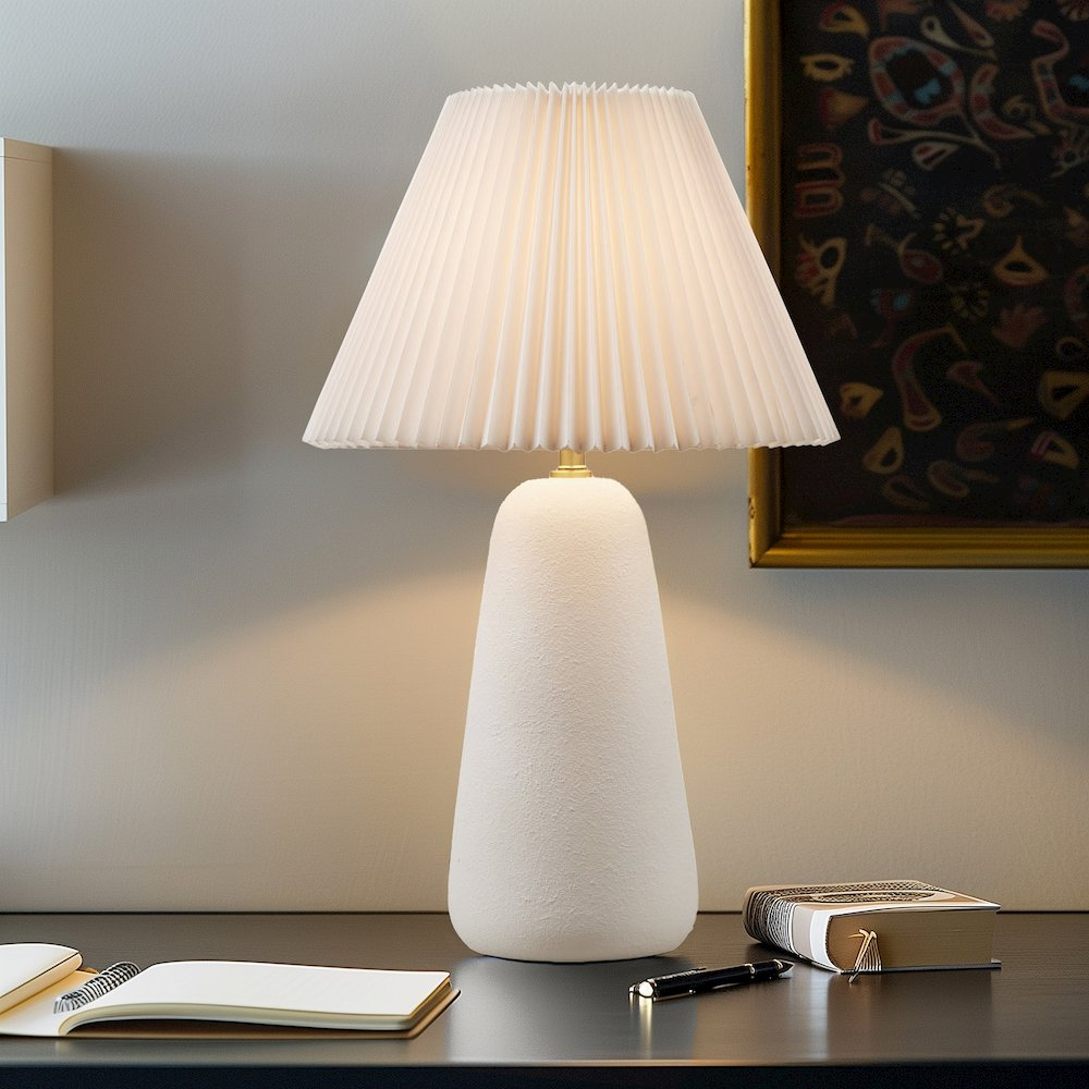 INK+IVY Veluna Textured Matte White Ceramic Table Lamp with Fluted Pleated Fabric Shade (LED Included)