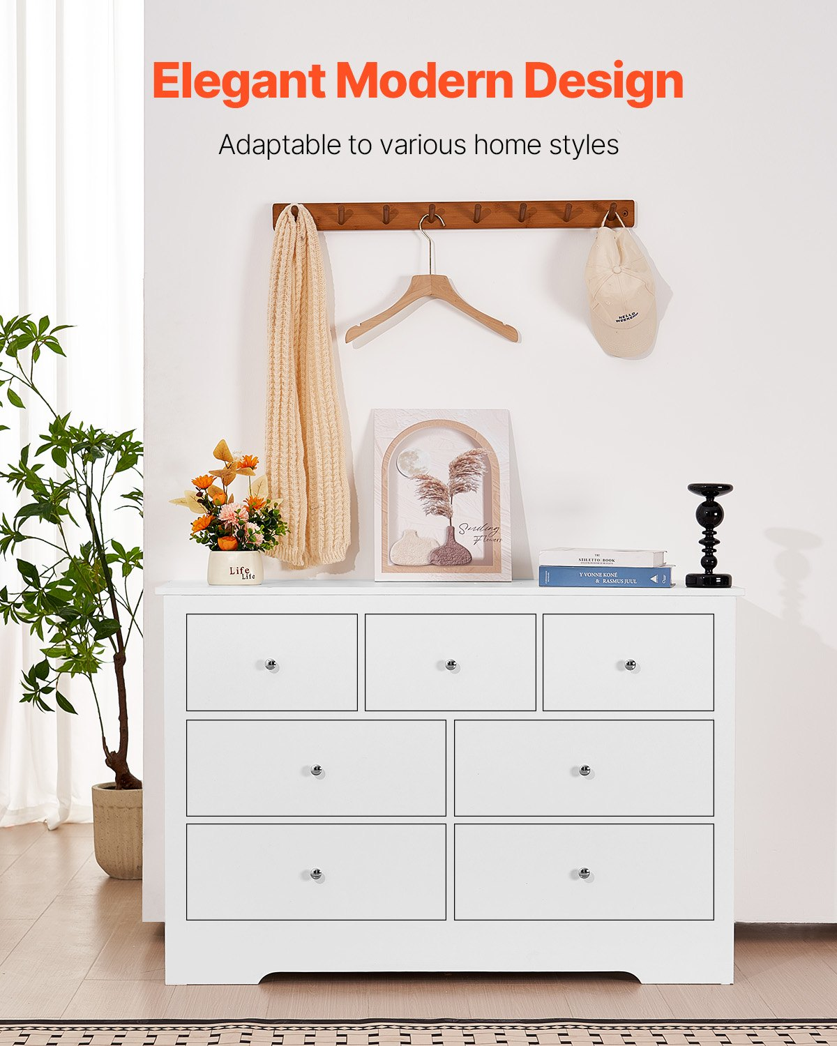 VEVOR 7 Drawer Dresser, Wooden Chest of Drawers with Sliding with Anti-tip Device, Modern Minimalist Dresser Chest, Closet Storage Organizer for Living Room, Hallway, Bedroom, Entryway, Light Wood
