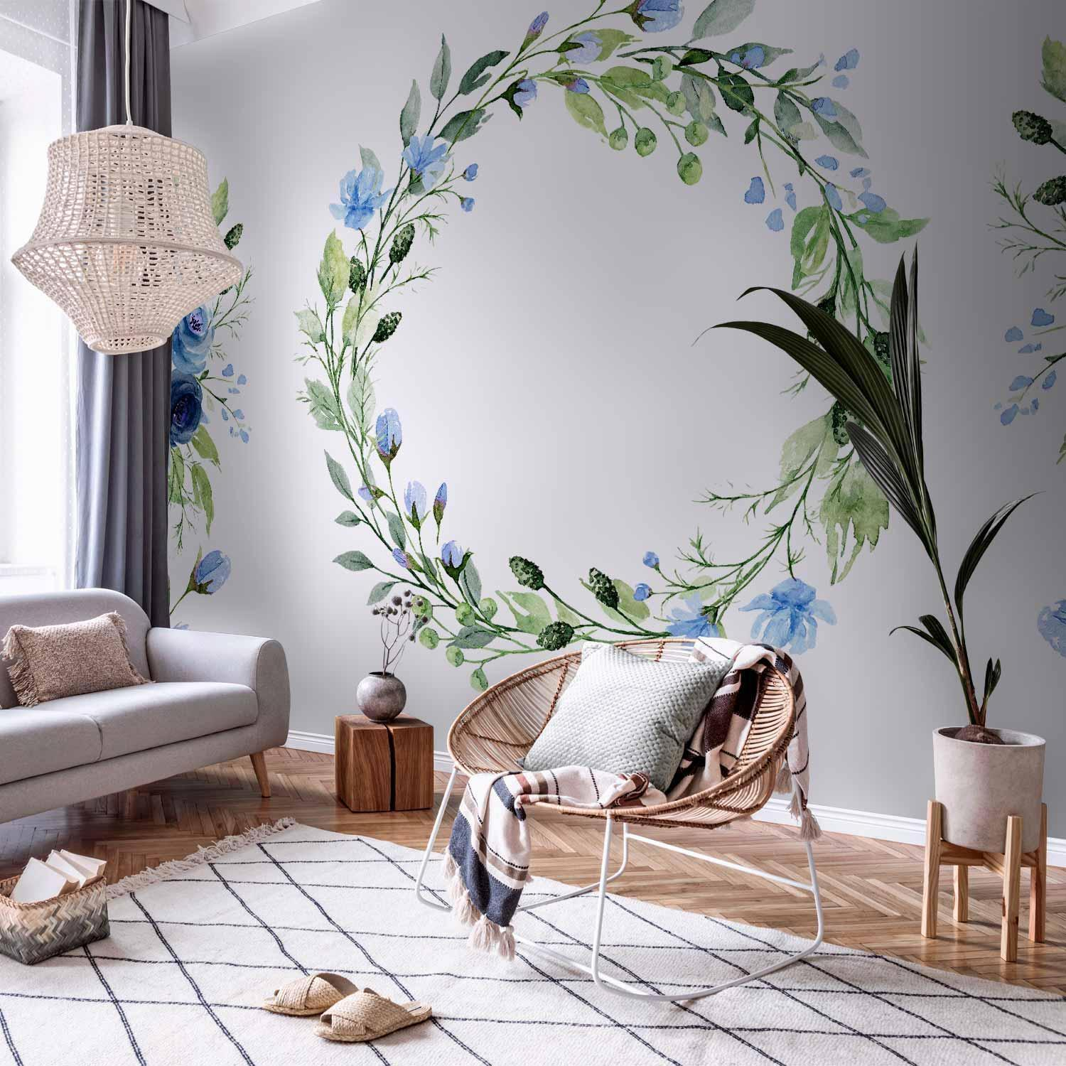 Wreath Blue Floral Wall Mural Wallpaper – Botanical Plant Motif with 3D Visual Depth