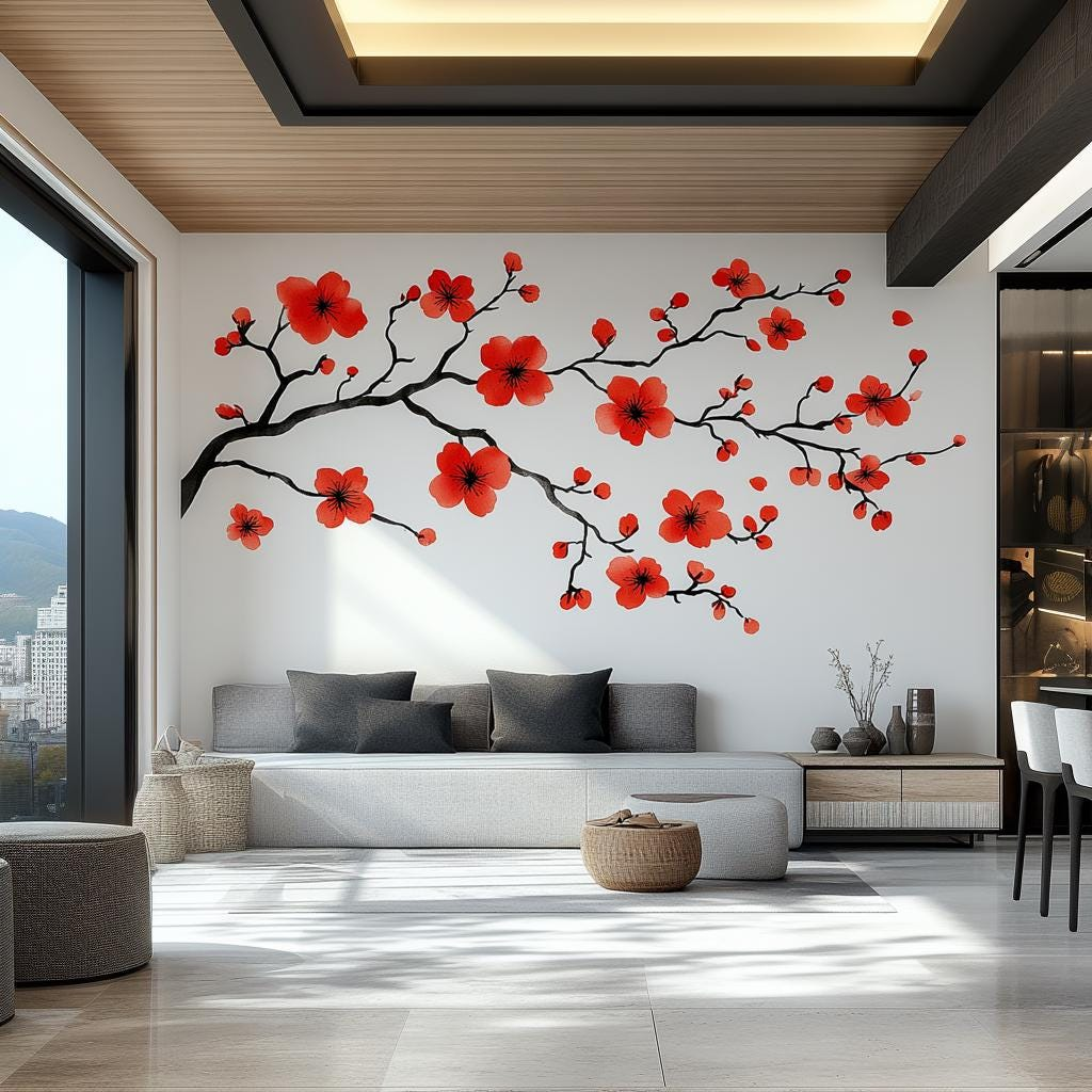 Red Flower Branch Wall Decal – Removable Vinyl Floral Wall Sticker for Living Room, Bedroom, or Office