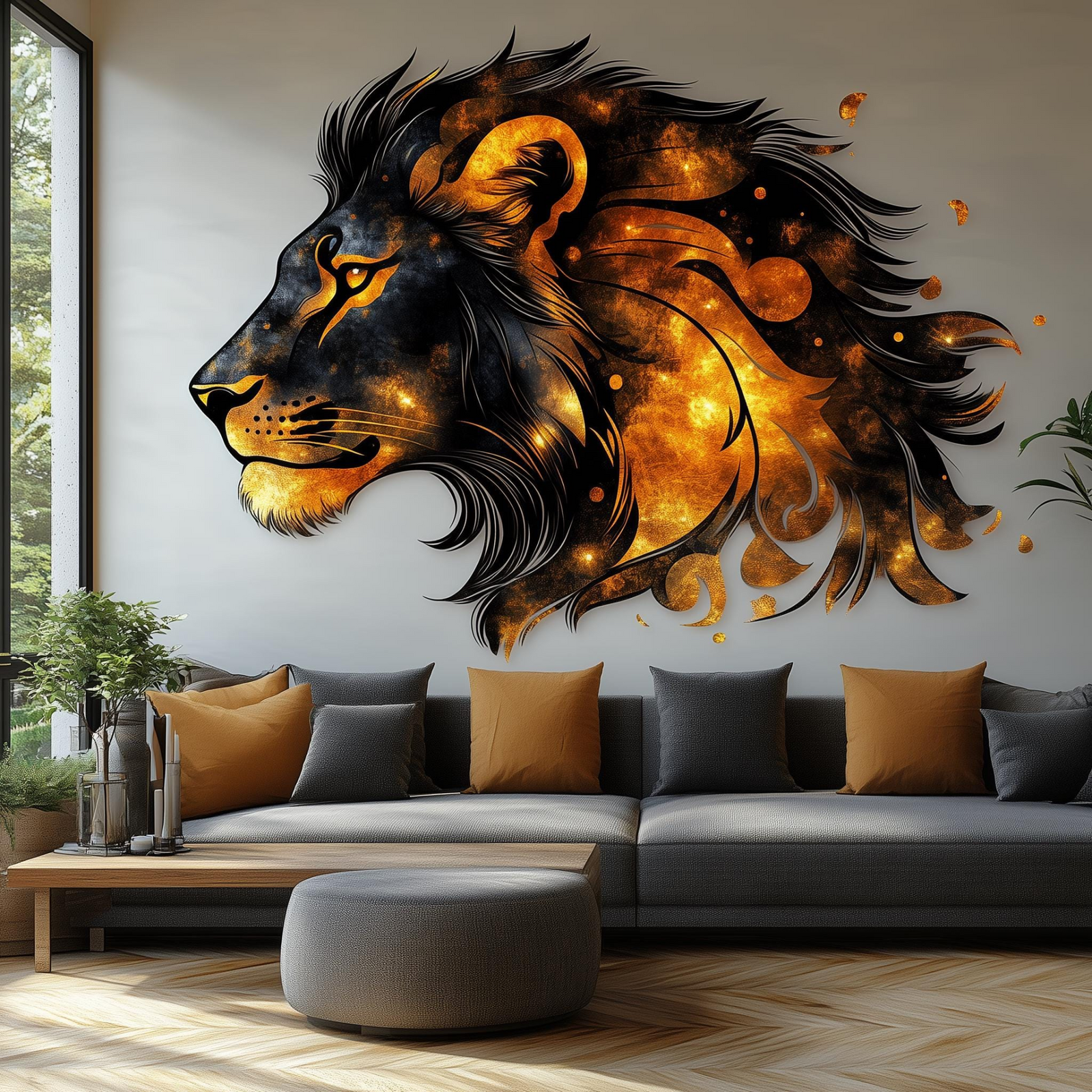 Cosmic Lion Wall Decal – Fiery 3D Lion Mural Art
