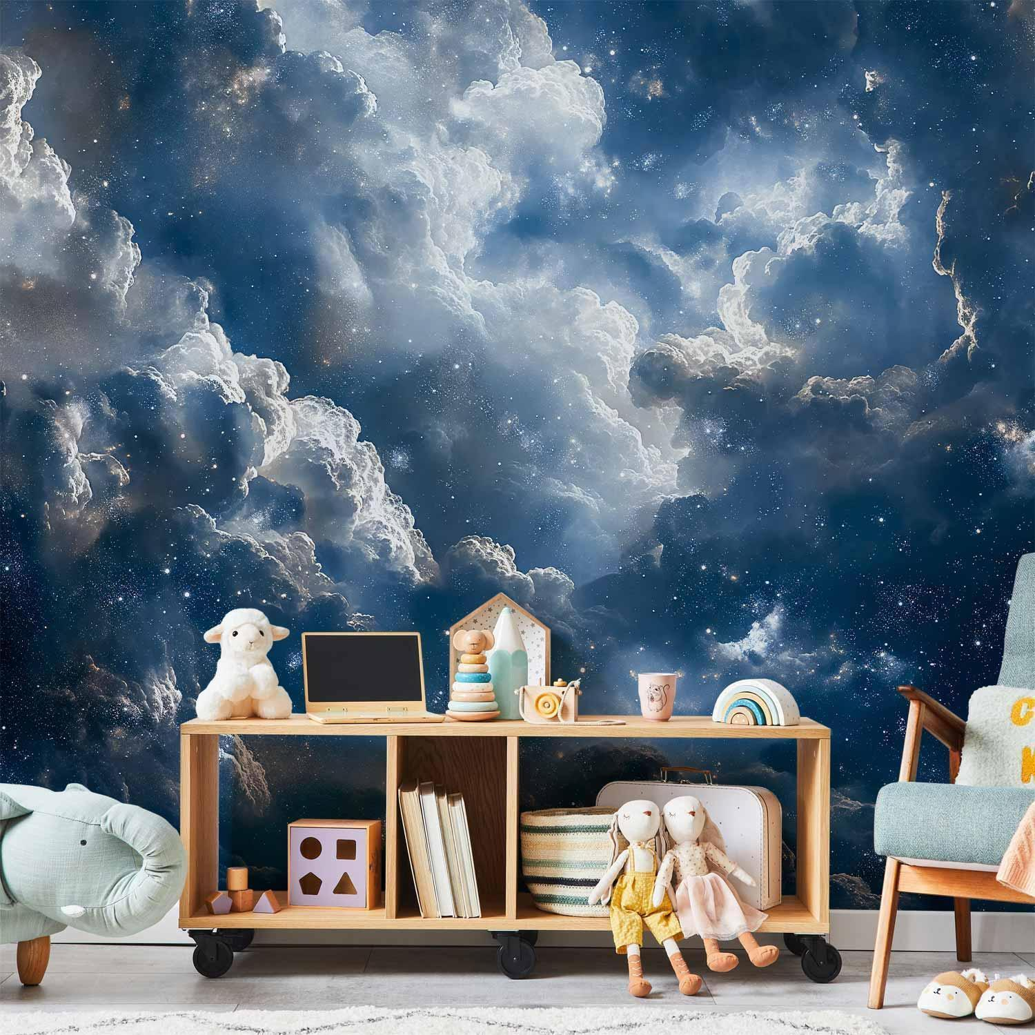Celestial Sky Wall Mural Wallpaper – Clouds and Stars with 3D Effect Illusion