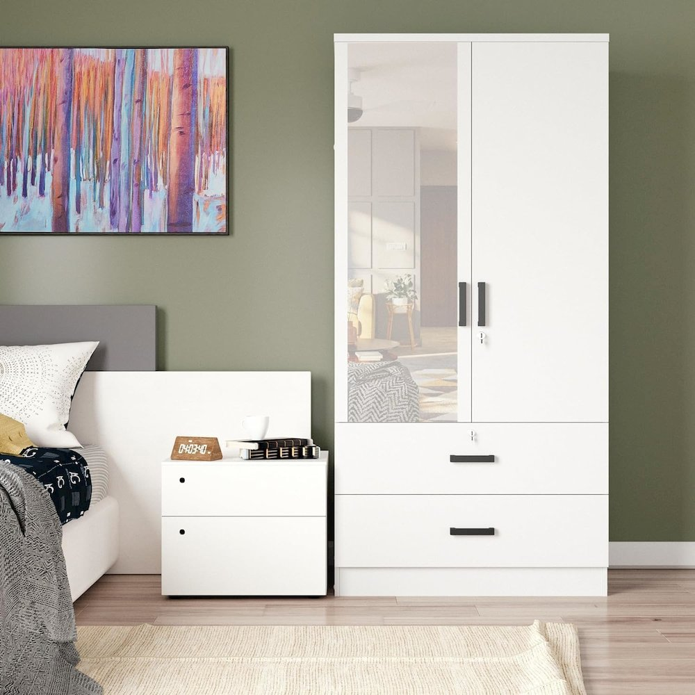 Mirrored 2 Doors Wardrobe & 2 Drawers 72" Tall