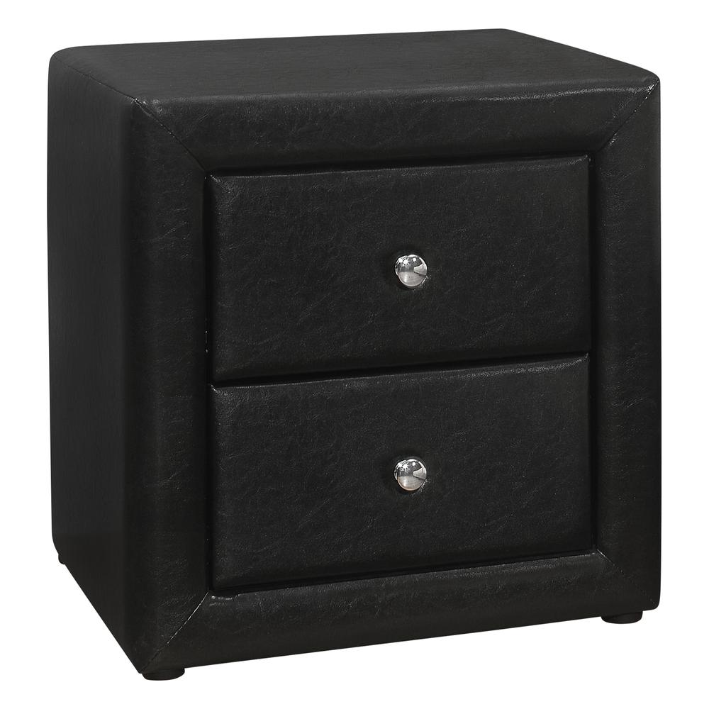 Black Leather-Look Upholstered Nightstand with 2 Drawers – Modern Bedroom Accent Table