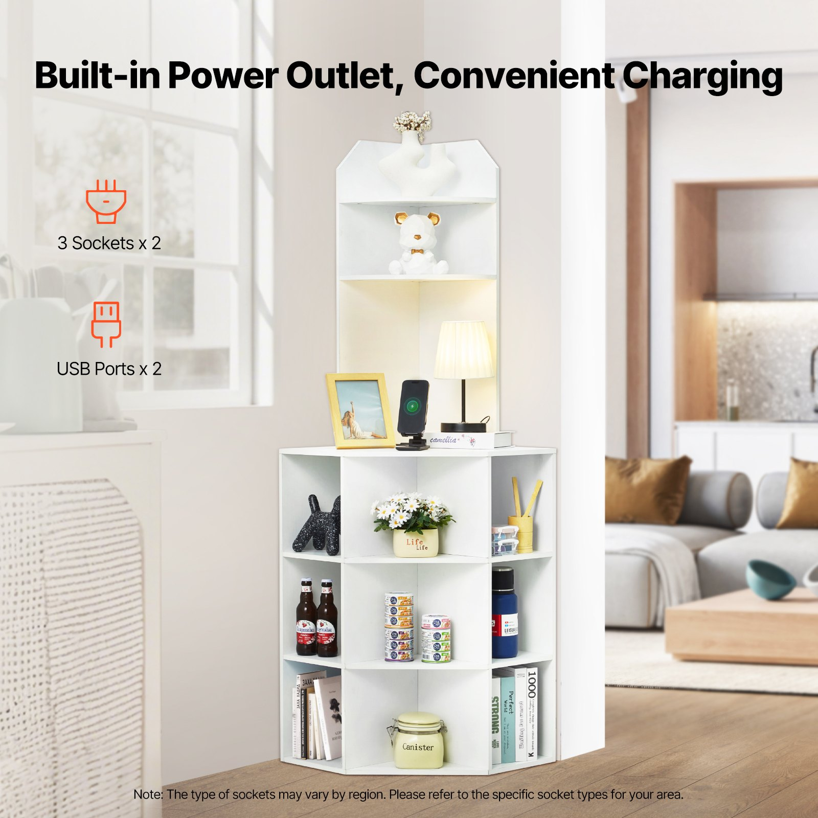 VEVOR 64" Tall Corner Storage Cabinet, 6 Tiers Wooden Storage Cabinet with USB Ports and Outlets & Adjustable Shelves, Freestanding Corner Cabinet for Living Room, Kitchen, Laundry Room, White