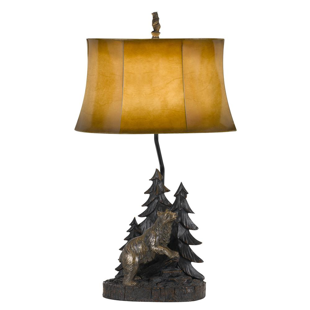 150W 3-Way Forest Resin Table Lamp with Leatherette Shade – Nature-Inspired Bear Design