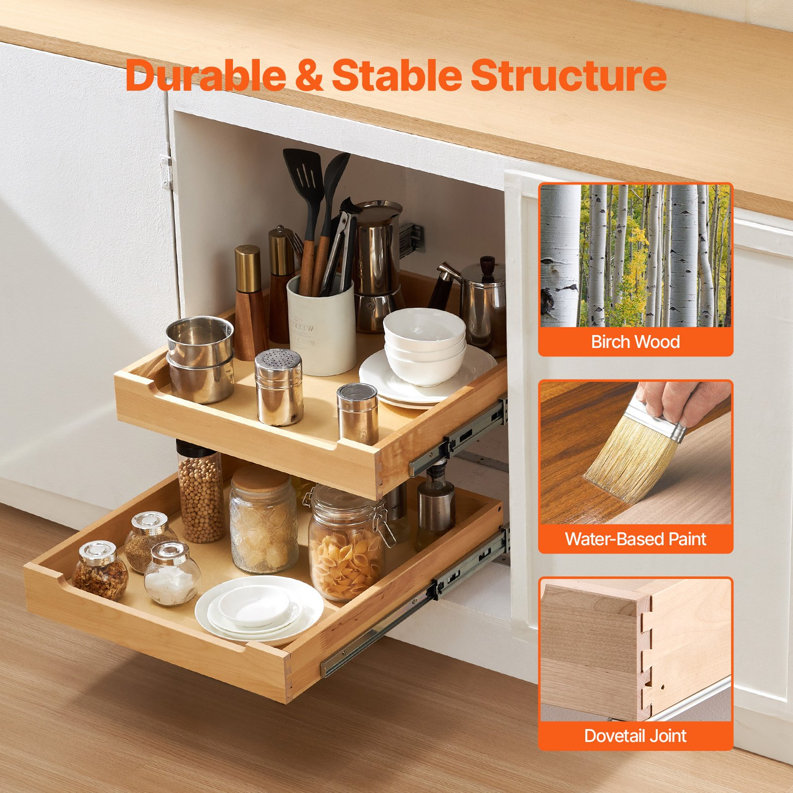 VEVOR 2-Tier Pull-Out Cabinet Organizer with Soft-Close Slides – 20" Adjustable Sliding Drawer Shelf
