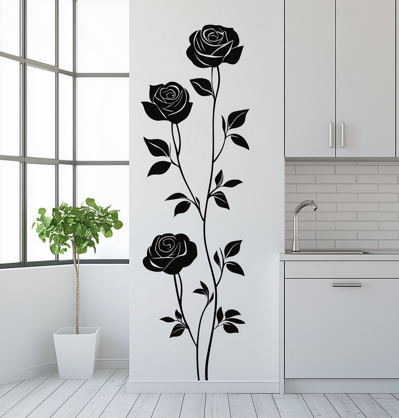 Three Rose Vertical Wall Decal – Peel and Stick Floral Vinyl Wall Sticker for Elegant Home Decor