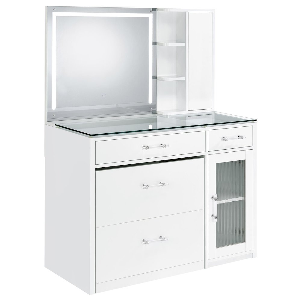 Flora 2-Drawer Vanity Set with LED Mirror – White High Gloss Makeup Desk with Storage Cabinet