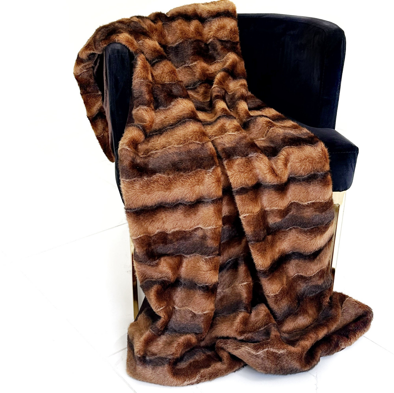 Plutus Brown Striped Chestnut Luxe Faux Fur Throw Blanket – Reversible Luxury Accent