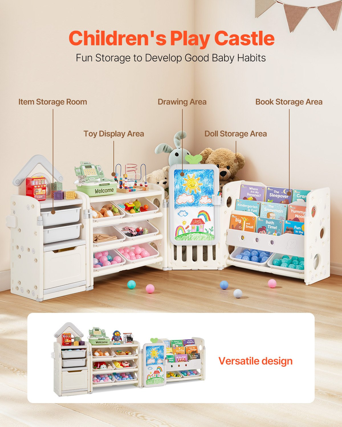 VEVOR Kids Toy Storage with Bookshelf, 4-Tier Large Toy Storage Organizer with 10 Plastic Movable Bins, Kids Cubby Cabinet with Bookshelf and Drawing Board for Study Room, Playroom, Classroom, Nursery