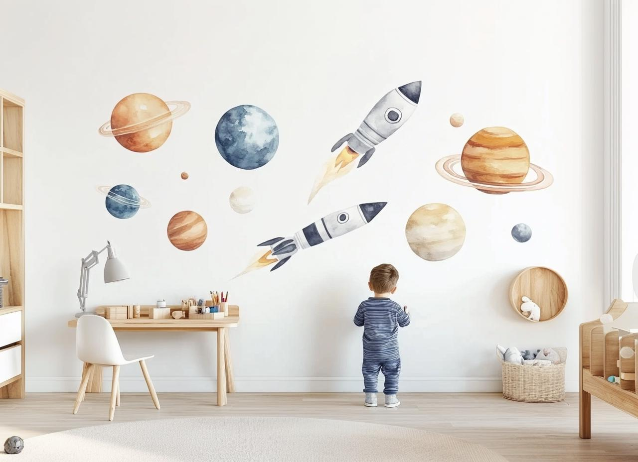 Rocket Space Wall Decals – Watercolor Planet & Nursery Wall Stickers