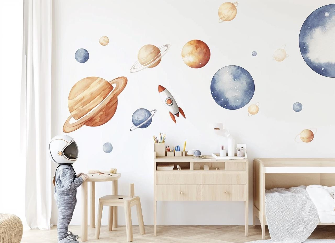 XXL Solar System Wall Decals – Watercolor Planet & Rocket Peel & Stick Stickers for Kids’ Rooms
