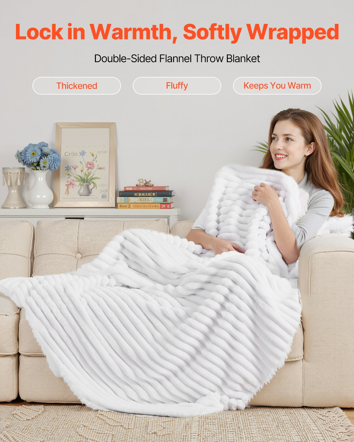 VEVOR Flannel Fleece Throw Blanket – Lightweight High-GSM Softness, 50 × 60 in, White