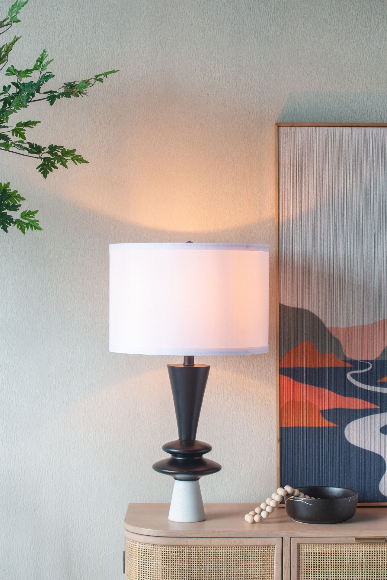 Black Aluminum Table Lamp with Double Disc Accents, Marble Pedestal Base & White Shade – 26.7" H