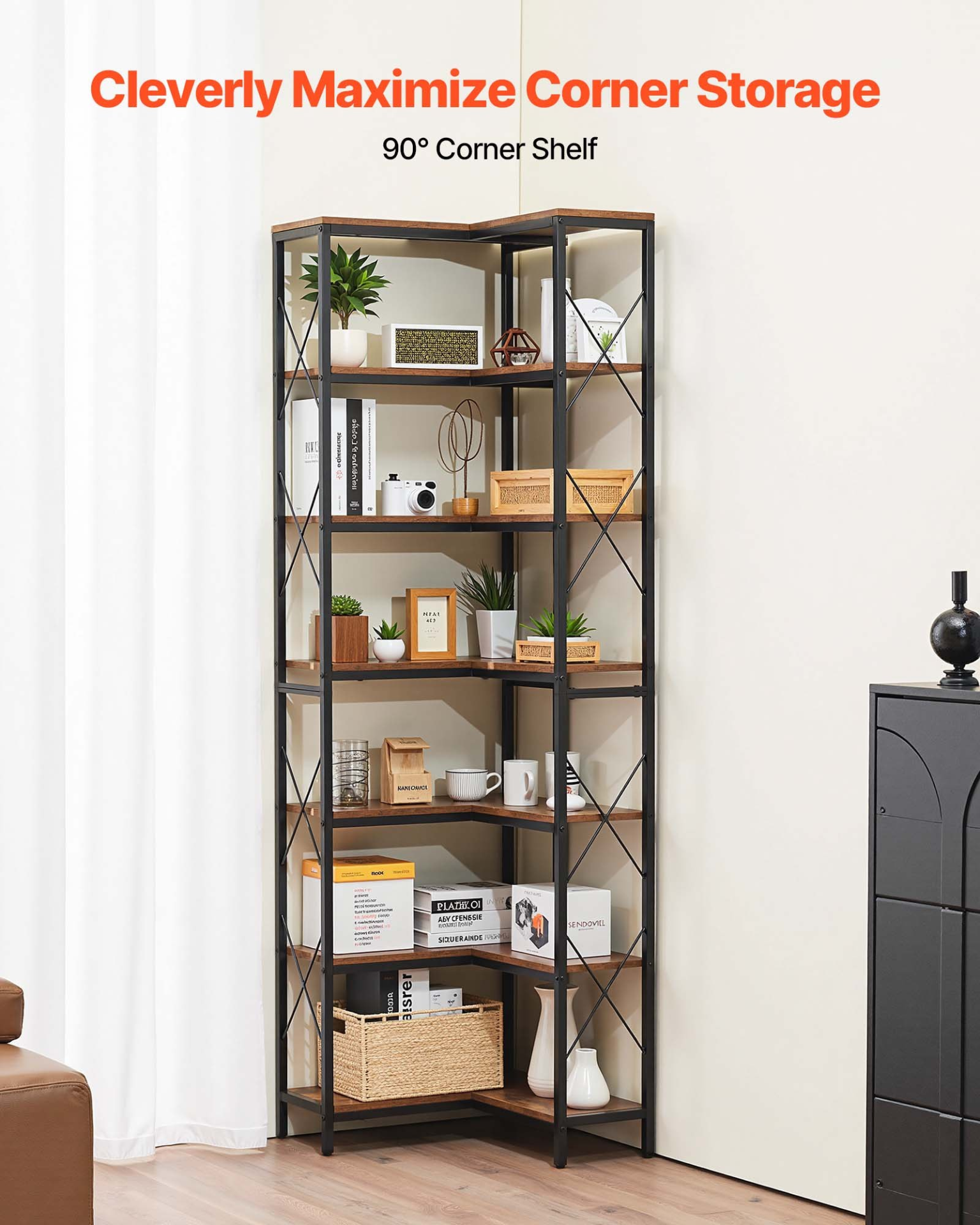 VEVOR 7 Tier Corner Bookshelf, 79" Tall Corner Bookcase with Heavy Duty Metal Frame & Wooden Shelves, Industrial Reversible L Shaped Corner Display Shelf for Bedroom, Living Room, Office