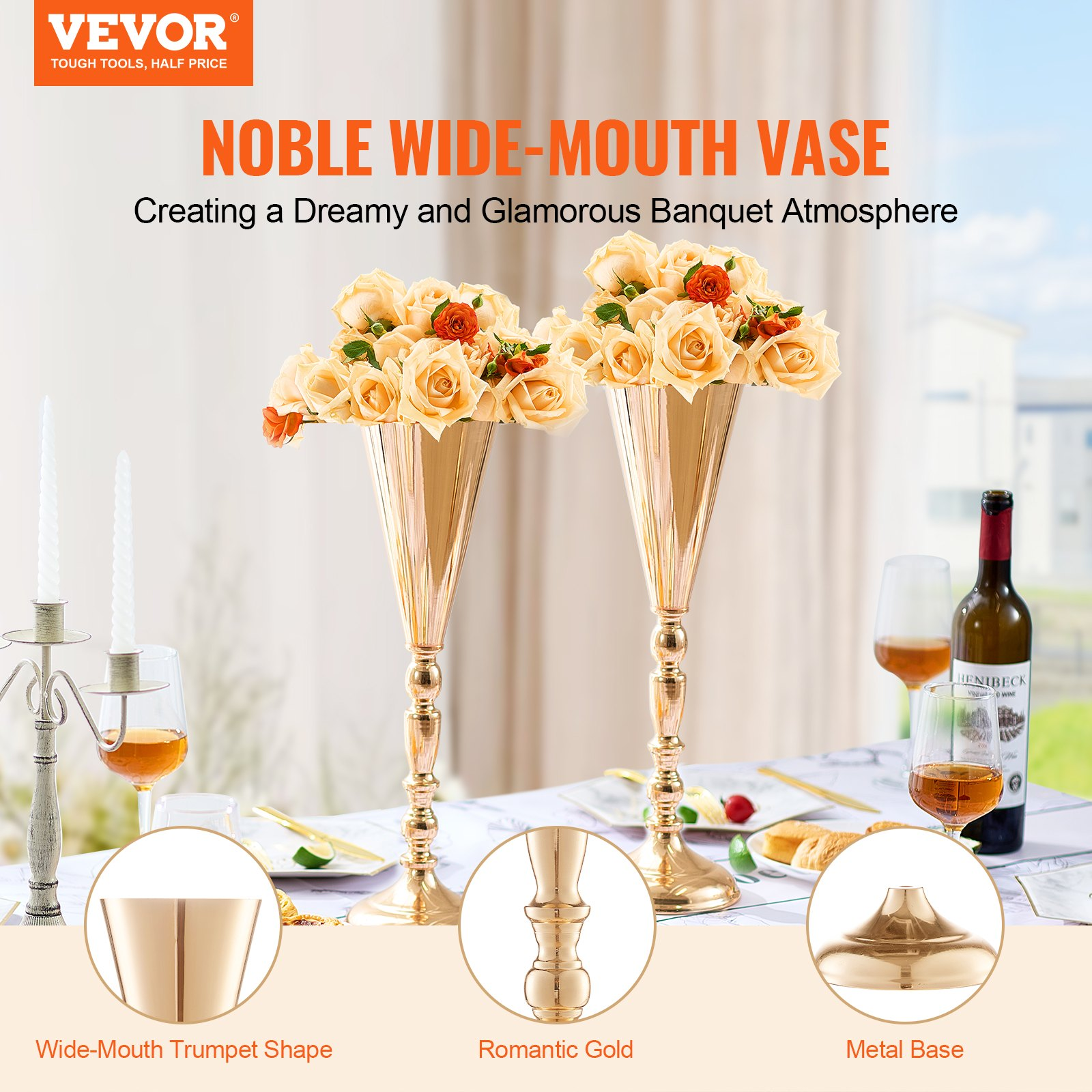 VEVOR 10PCS 43cm/16.9” Tall Wedding Flower Vase, Metal Wedding Trumpet Centerpiece, Gold Floral Stand Display Rack for Tables Wedding Dinner Party, Anniversary Ceremony Birthday Event Decor