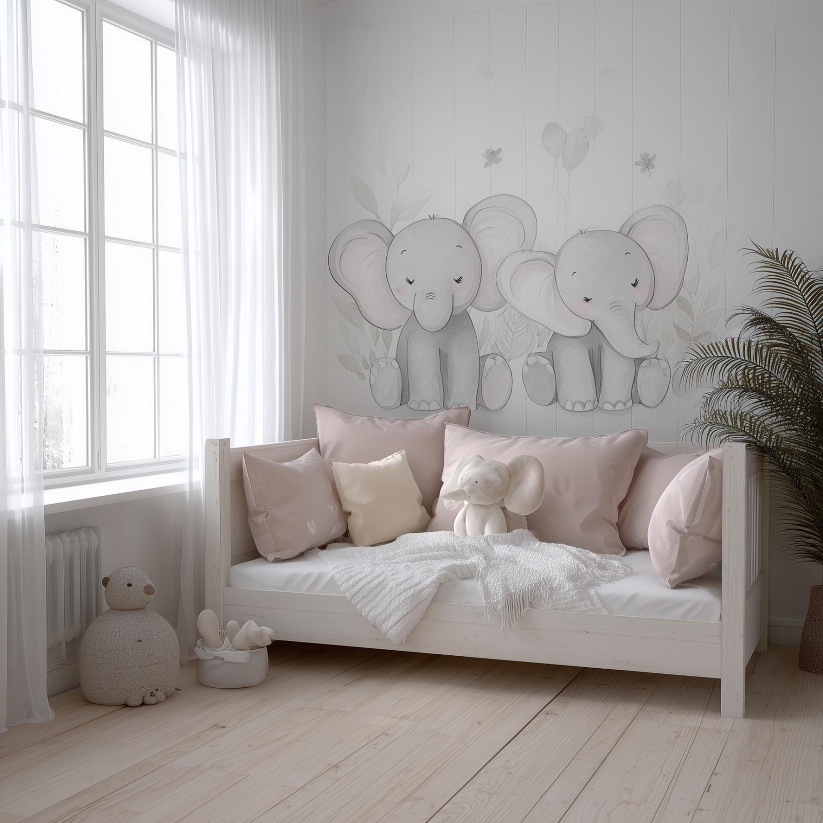 Baby Elephant Wall Decal Set – Soft Grey Safari Vinyl Art for Calm, Gender-Neutral Nurseries
