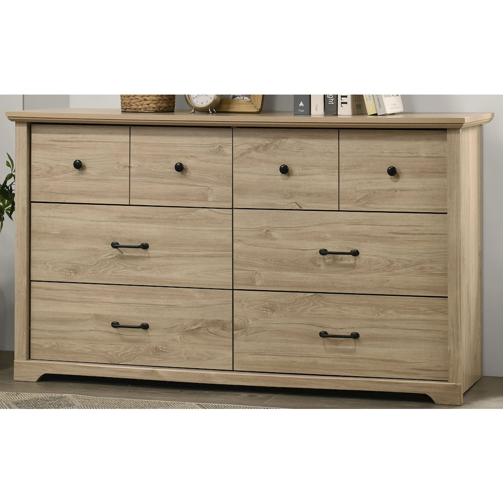 Elara 57"W Light Oak Finish 6-Drawer Dresser with Black Handles