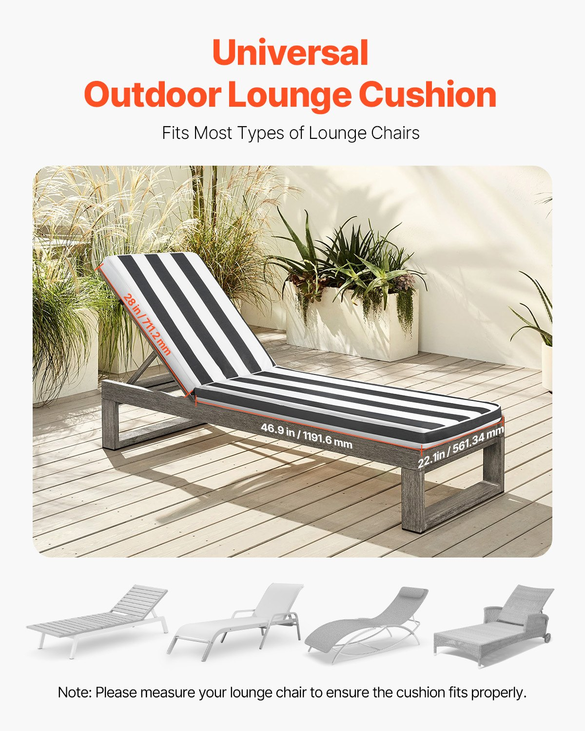 VEVOR Chaise Lounge Cushion, 74 x 22 x 3 in, Set of 2 Outdoor Lounge Chair Cushions, Waterproof & Fade-Resistant Sun Lounger Cushions with Ties, Patio Lounger Pads for Pool Deck, Black & White Stripes