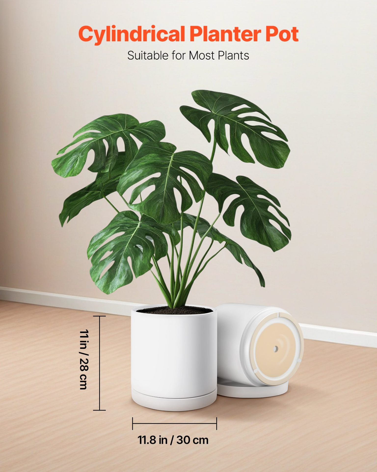 VEVOR Plant Pot, 12-Inch Large Cylinder Planter with Drainage Holes, Non-Slip Pads & Detachable Saucer, Modern Ceramic Flower Pots, Indoor and Outdoor Tree Planter Pot, Home & Office Decorations