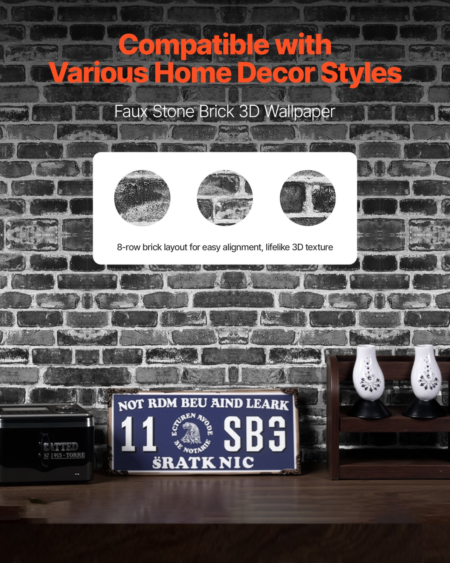 VEVOR Gray Brick Peel-and-Stick Wallpaper Roll | Self-Adhesive Vinyl Contact Paper for Walls and Furniture