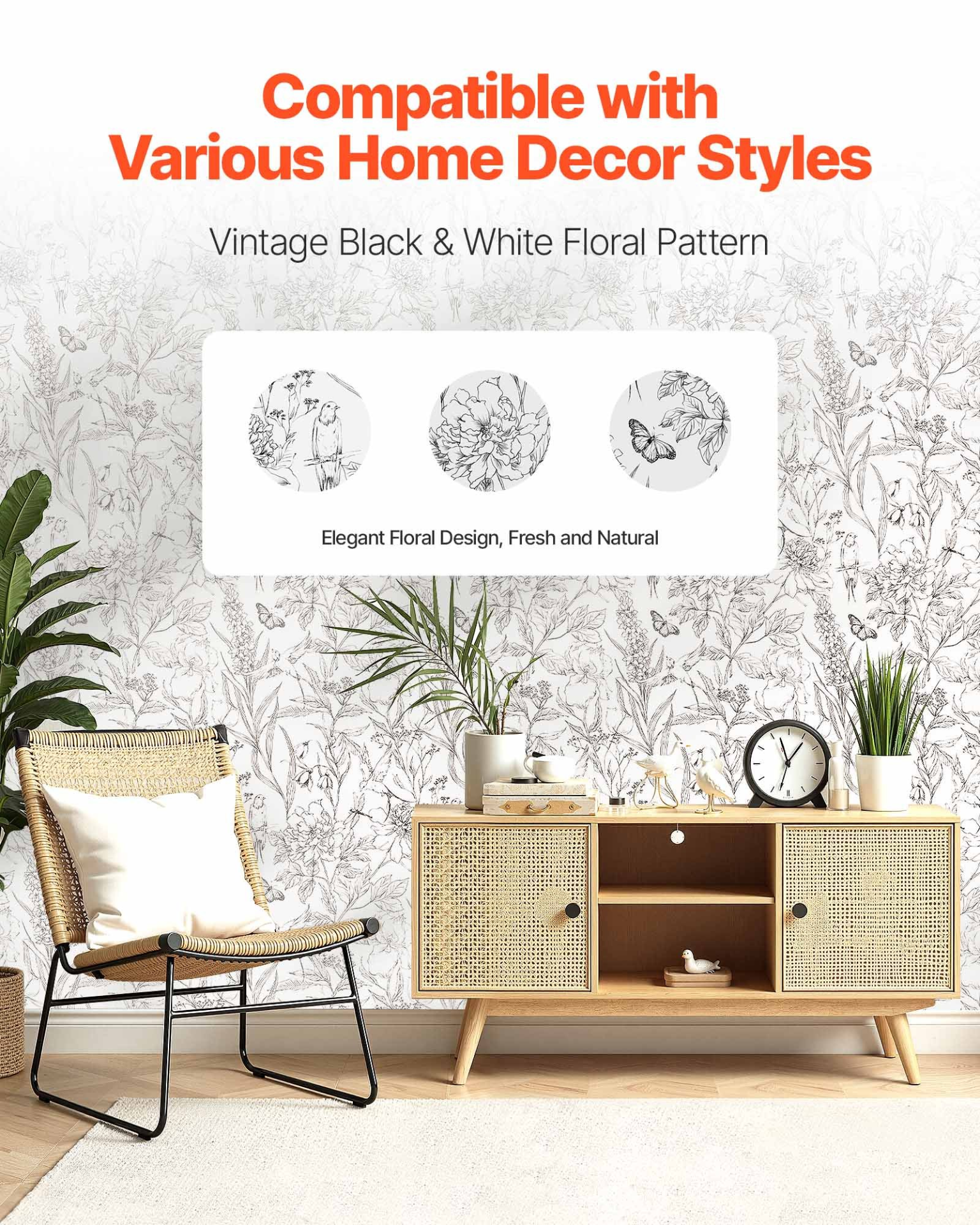 VEVOR Botanical Line Art Peel-and-Stick Wallpaper | White Floral Self-Adhesive Vinyl Contact Paper Roll
