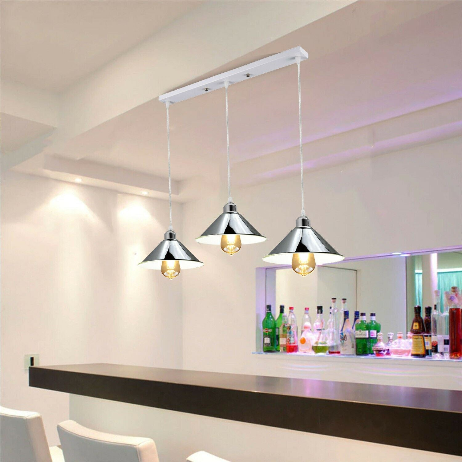 Modern Industrial Chrome 3 Way Ceiling Pendant Light Metal Cone Shape Shade Indoor Hanging Light~1183
