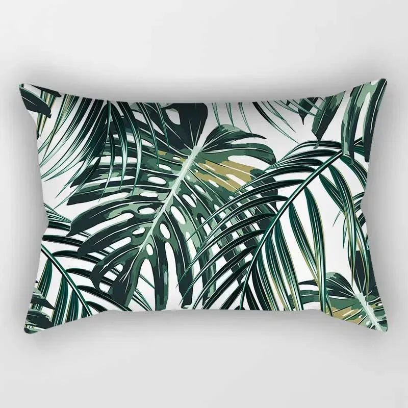Green Tropical Leaf Polyester Lumbar Pillow Cover – 11.81 × 19.69 in (30 × 50 cm), 1 Piece