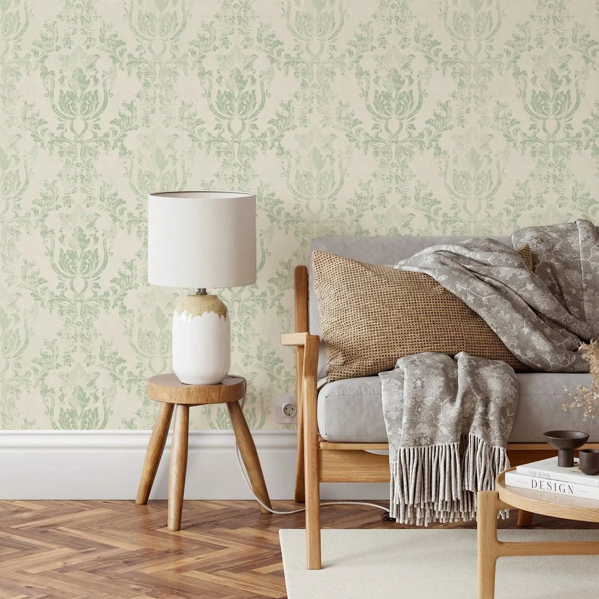 Vintage Green Damask Waterproof Traditional or Peel-and-Stick Wallpaper Roll – 50 × 300 cm