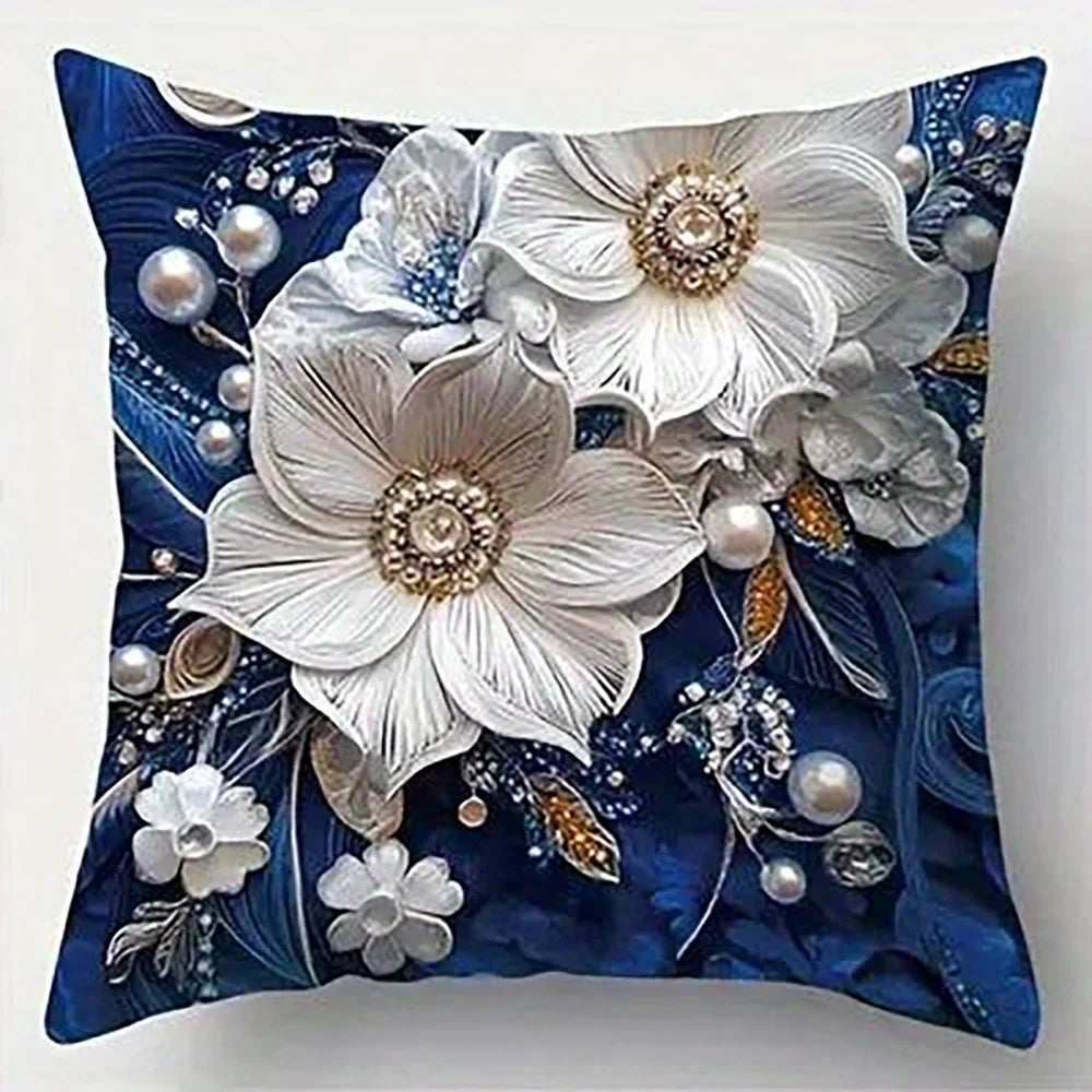 Blue Floral Jewel-Effect Printed Pillow Cover – Design 3, 4 Sizes