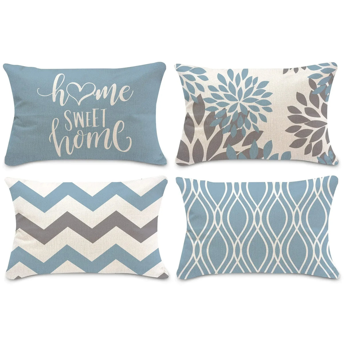 Lake Blue Geometric Linen-Blend Lumbar Pillow Cover – 4 Designs, 2 Sizes