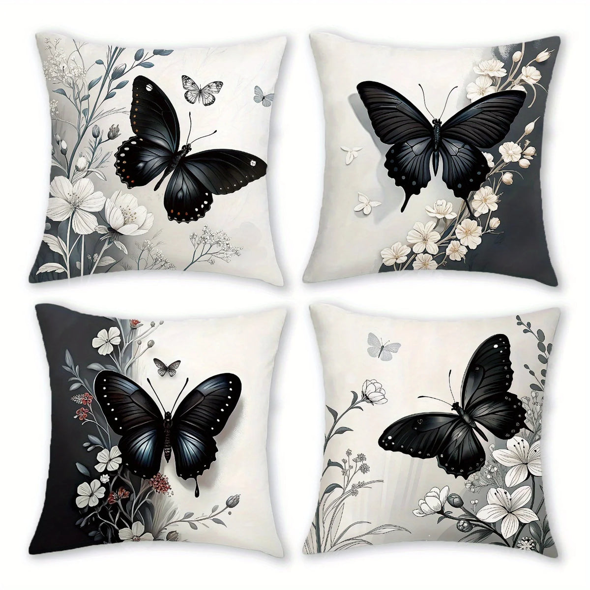 Black Butterfly Floral Pillow Cover Set – 4-Piece Polyester Set, 50–60 cm