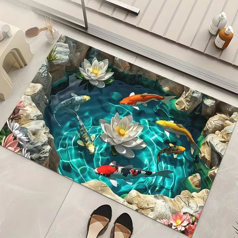 3D Koi & Lotus Non-Slip Flannel Doormat – Soft Absorbent Washable Floor Mat for Entrance & Bathroom
