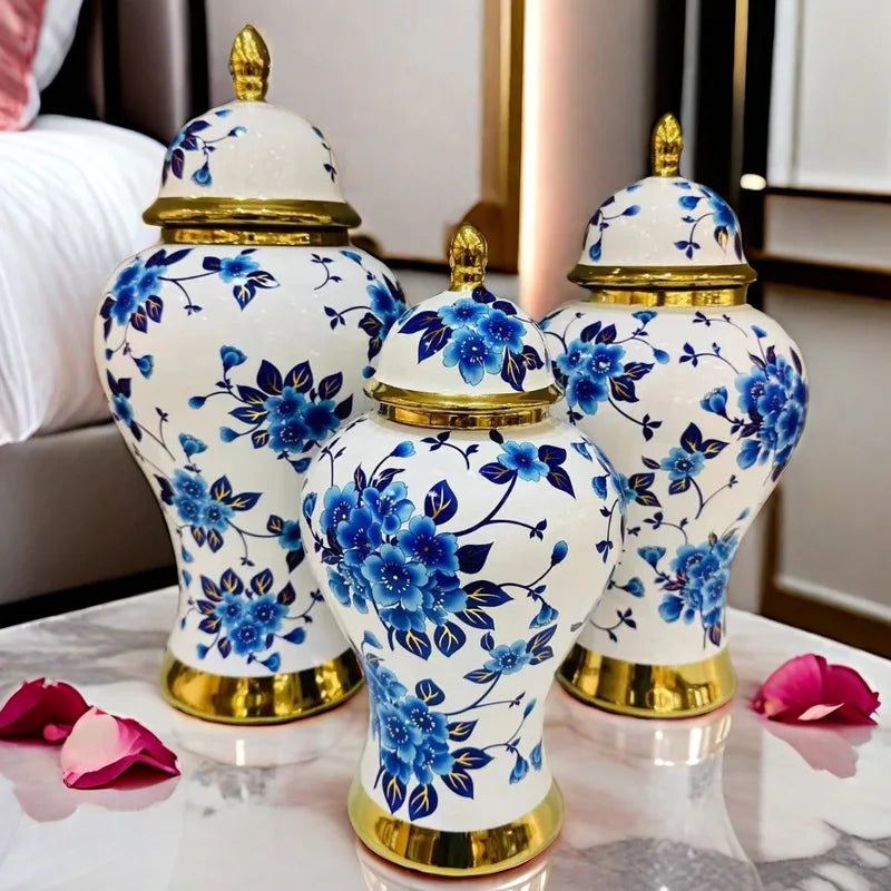 Modern Ceramic Ginger-Jar Vase with Platinum-Tone Accents – 3 Sizes