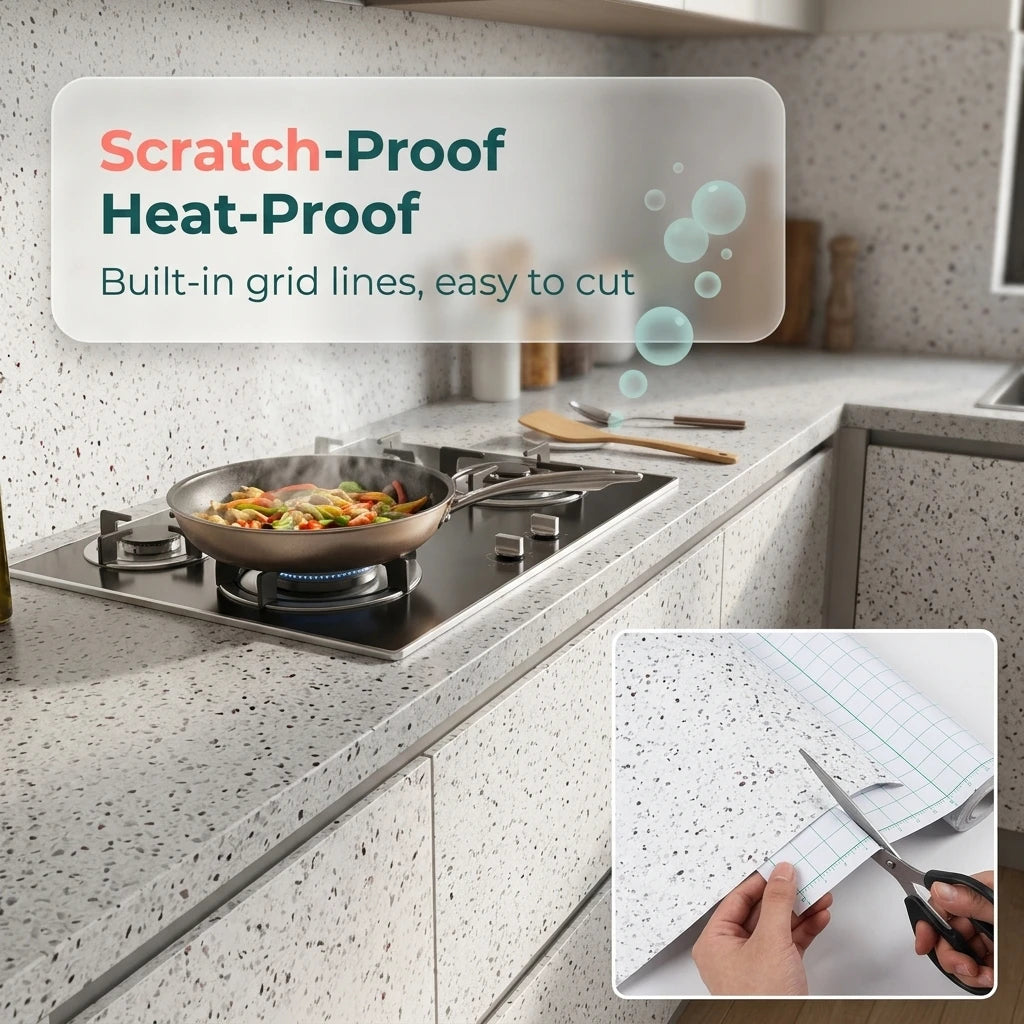 Waterproof White Terrazzo Granite Peel and Stick Wallpaper – Oil-Proof, High Temperature Resistant Self-Adhesive Vinyl Contact Paper