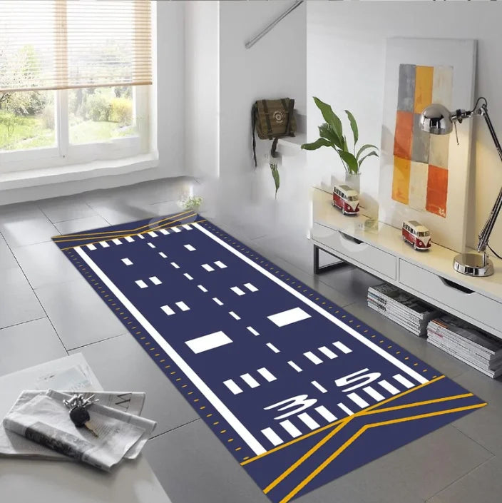 Neon Airplane Runway Kids’ Play Rug – Washable Polyester Floor Mat for Bedroom, Corridor & Balcony
