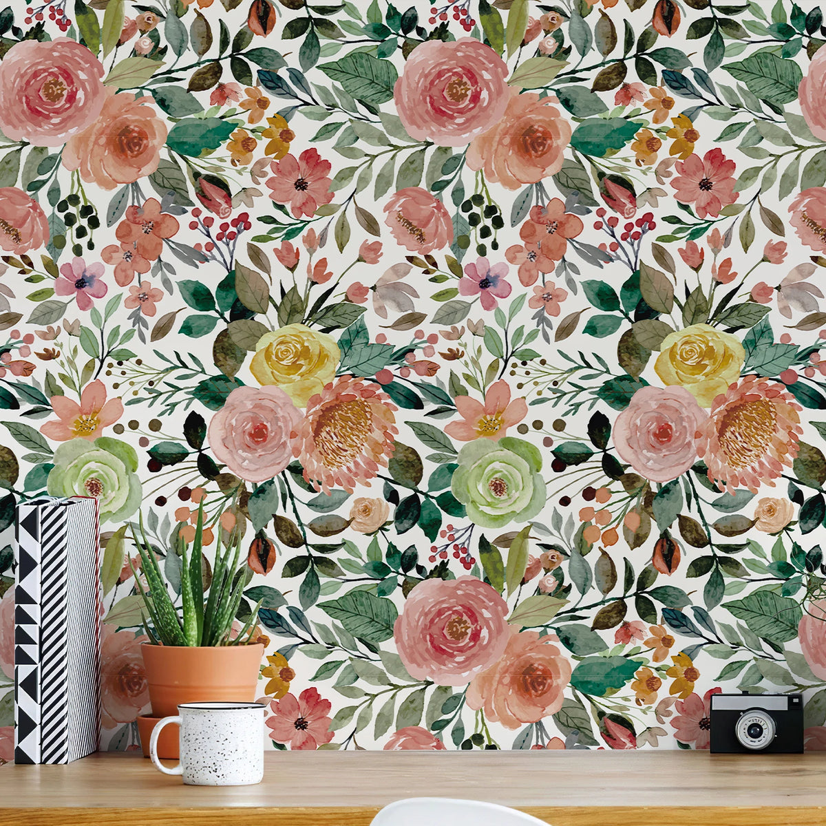 Pink Watercolor Floral & Green Leaf Waterproof, Oil-Resistant PVC Peel-and-Stick Wallpaper – Removable for Walls & Furniture